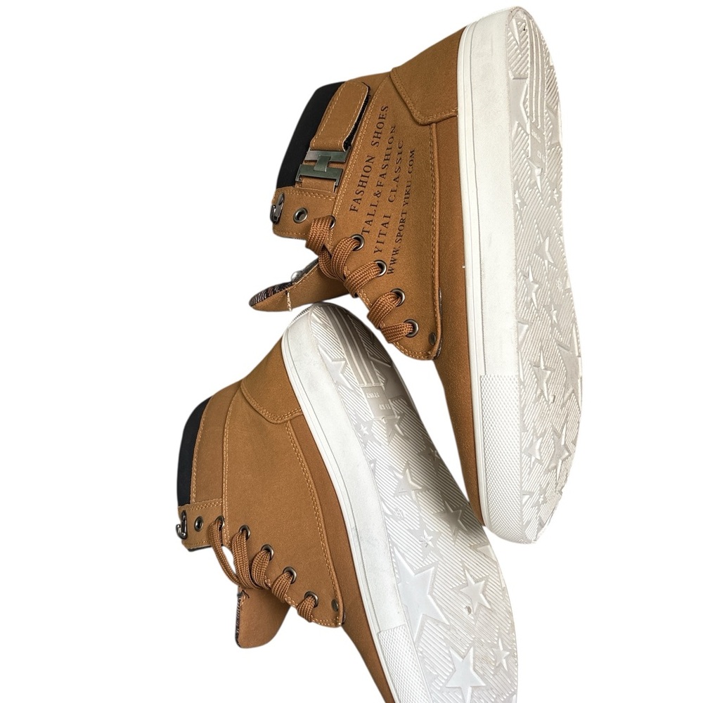 Tan High-Top Sneakers with Plaid Lining